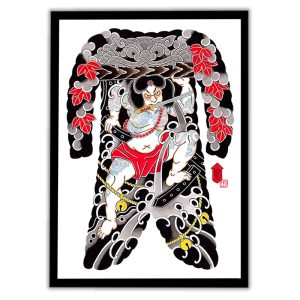 Framed Irezumi bodysuit tattoo artwork featuring Rorihakucho Chojun