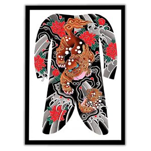 Framed Irezumi bodysuit tattoo artwork featuring a Karashishi Foo dog and cub