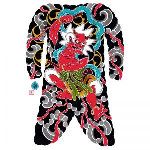 Irezumi bodysuit tattoo artwork featuring Raijin the God of Thunder