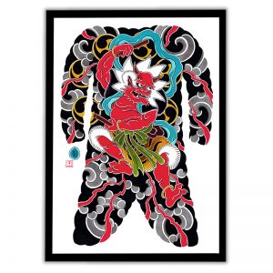 Framed Irezumi bodysuit tattoo artwork featuring Raijin the God of Thunder