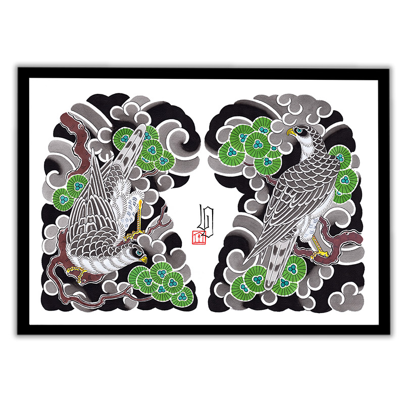 Framed Irezumi artwork featuring an image of a Hawk in amongst pine trees