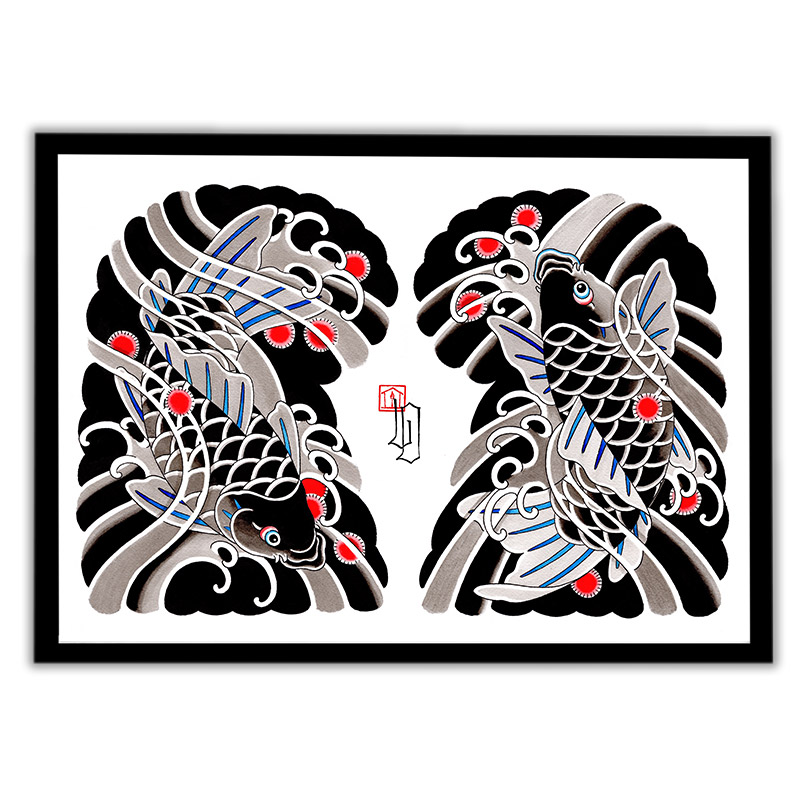 Framed Irezumi artwork featuring an image of Koi fish