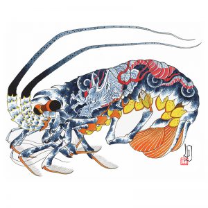 Full image of Irezumi artwork featuring image of a lobster tattooed with a dragon