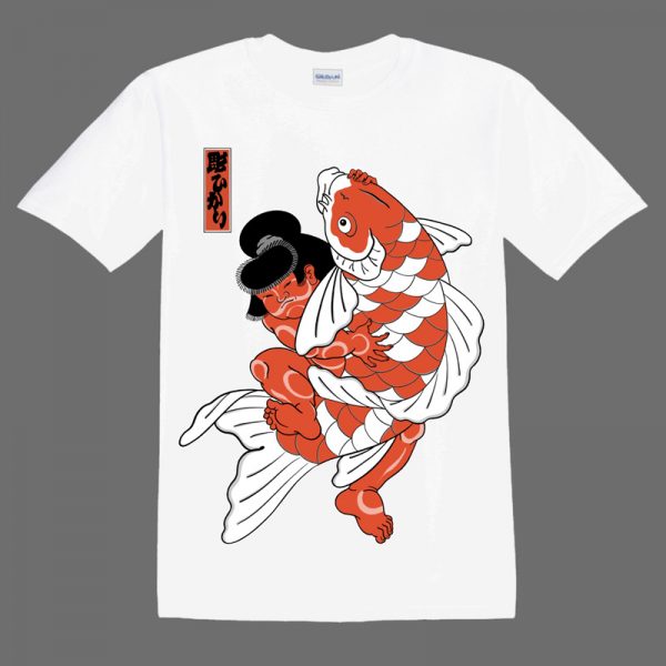 Kintaro and Koi illustrations on a White T shirt
